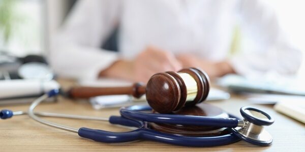 Closeup,Of,Judge,Gavel,Of,Stethoscope,Doctor,In,Background,Writing