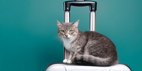 A,Gray,Cat,Is,Sitting,On,A,Suitcase.,The,Cat