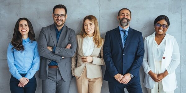 Studio,Portrait,Of,A,Group,Of,Businesspeople,Posing,Against,A
